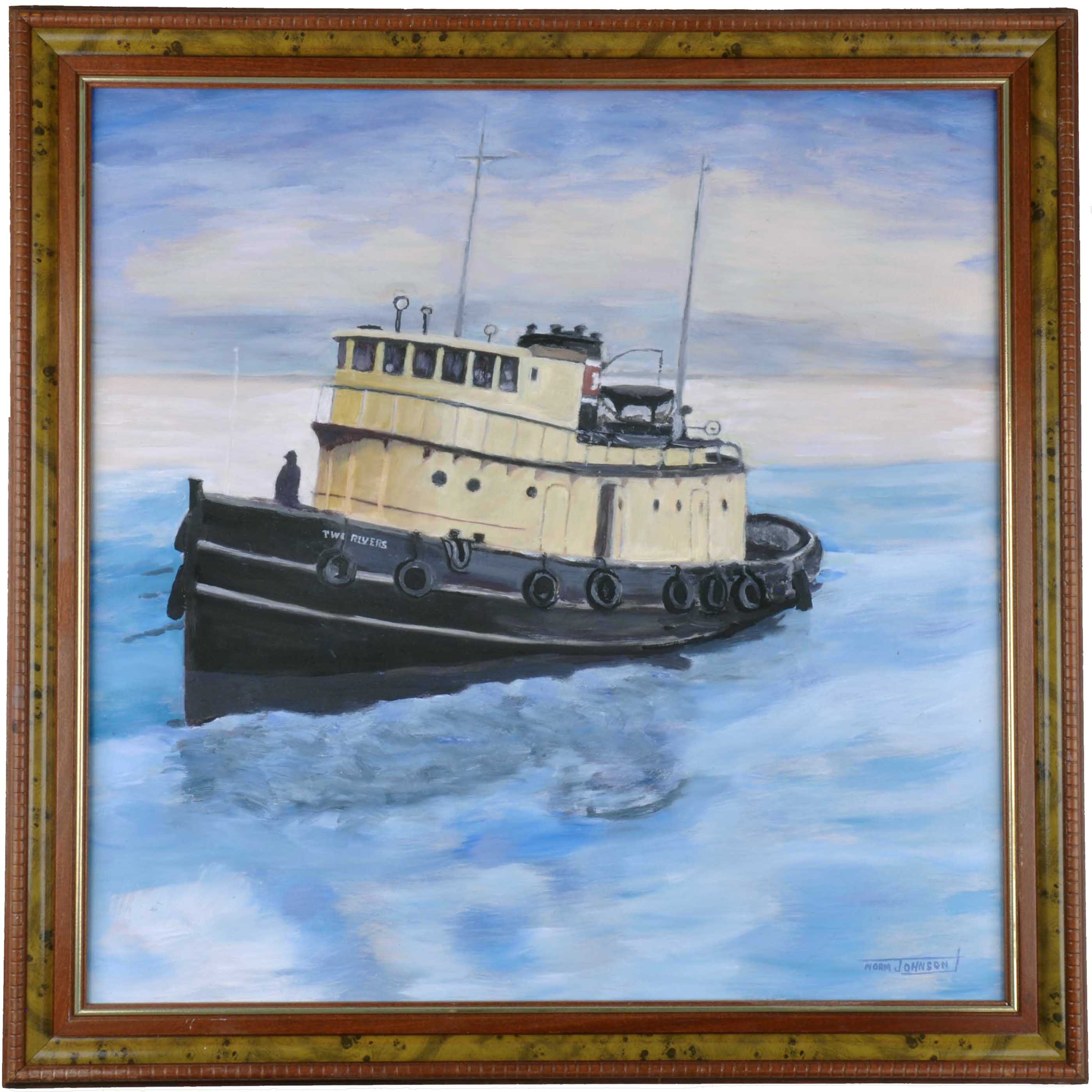 Painting of a black and white small ship moving along the water Painting of a black and white small ship moving along the water